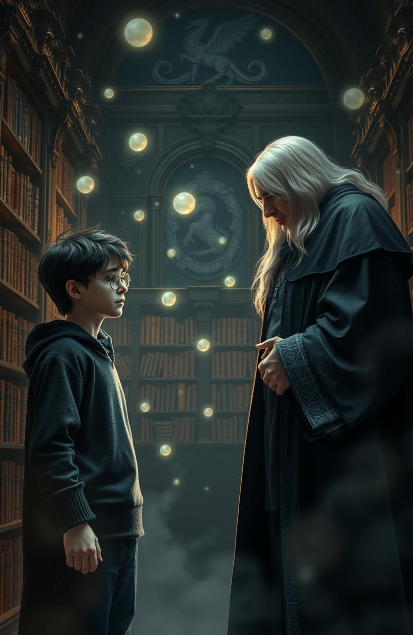A dramatic scene set in a mystical library within Hogwarts