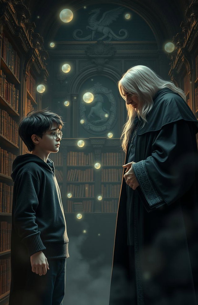 A dramatic scene set in a mystical library within Hogwarts