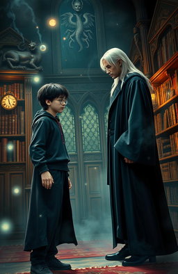 A dramatic scene set in a mystical library within Hogwarts