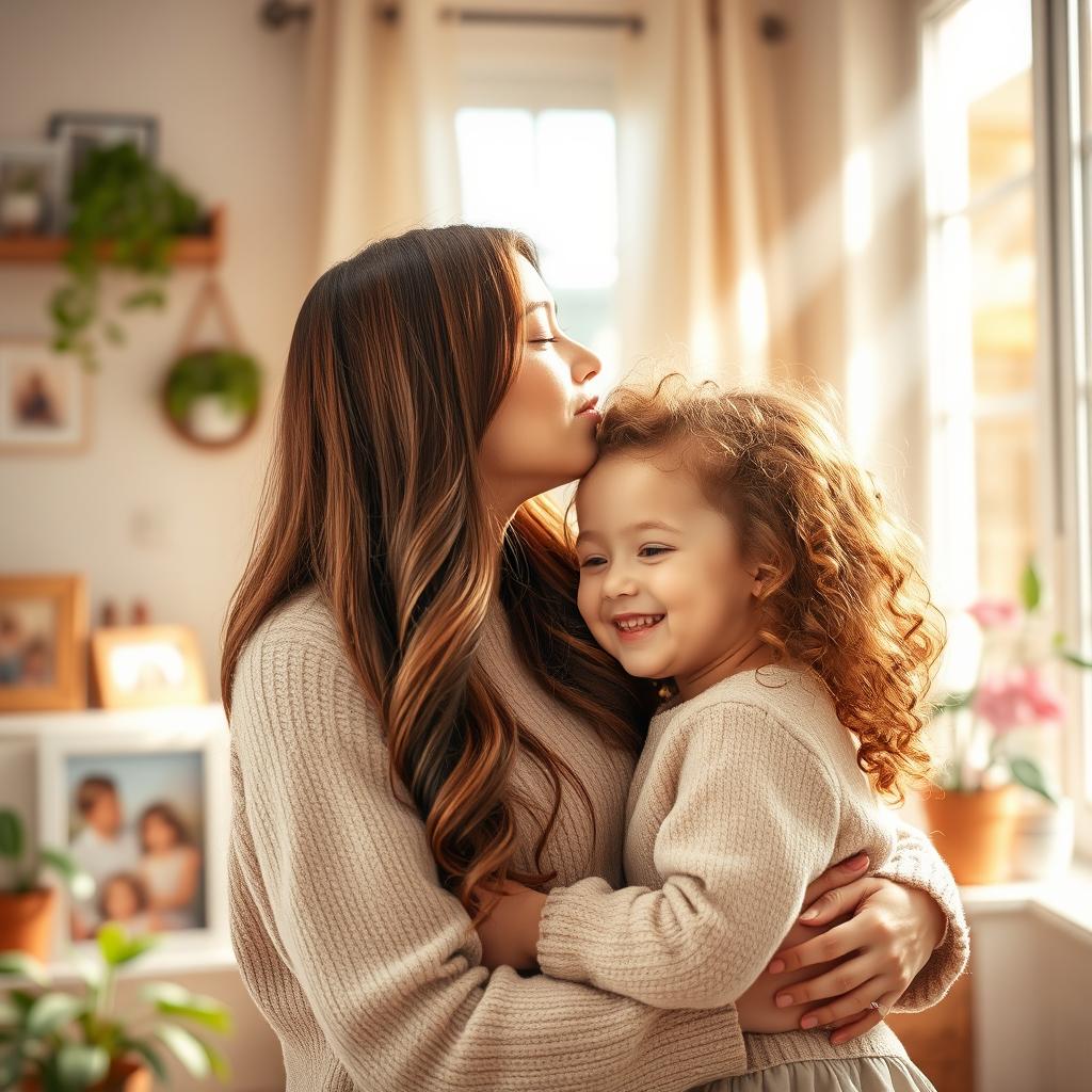 A tender moment between a mother and her daughter, portrayed in a warm and loving atmosphere