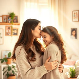 A tender moment between a mother and her daughter, portrayed in a warm and loving atmosphere