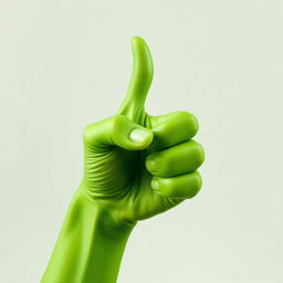 A green hand with a thumb up gesture, showcasing vibrant green skin and intricate details like veins and texture to make it look realistic