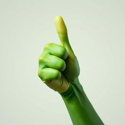 A green hand with a thumb up gesture, showcasing vibrant green skin and intricate details like veins and texture to make it look realistic