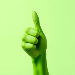 A green hand with a thumb up gesture, showcasing vibrant green skin and intricate details like veins and texture to make it look realistic