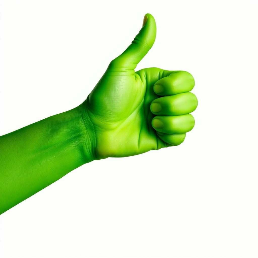 A green hand with a thumb up gesture, showcasing vibrant green skin and intricate details like veins and texture to make it look realistic