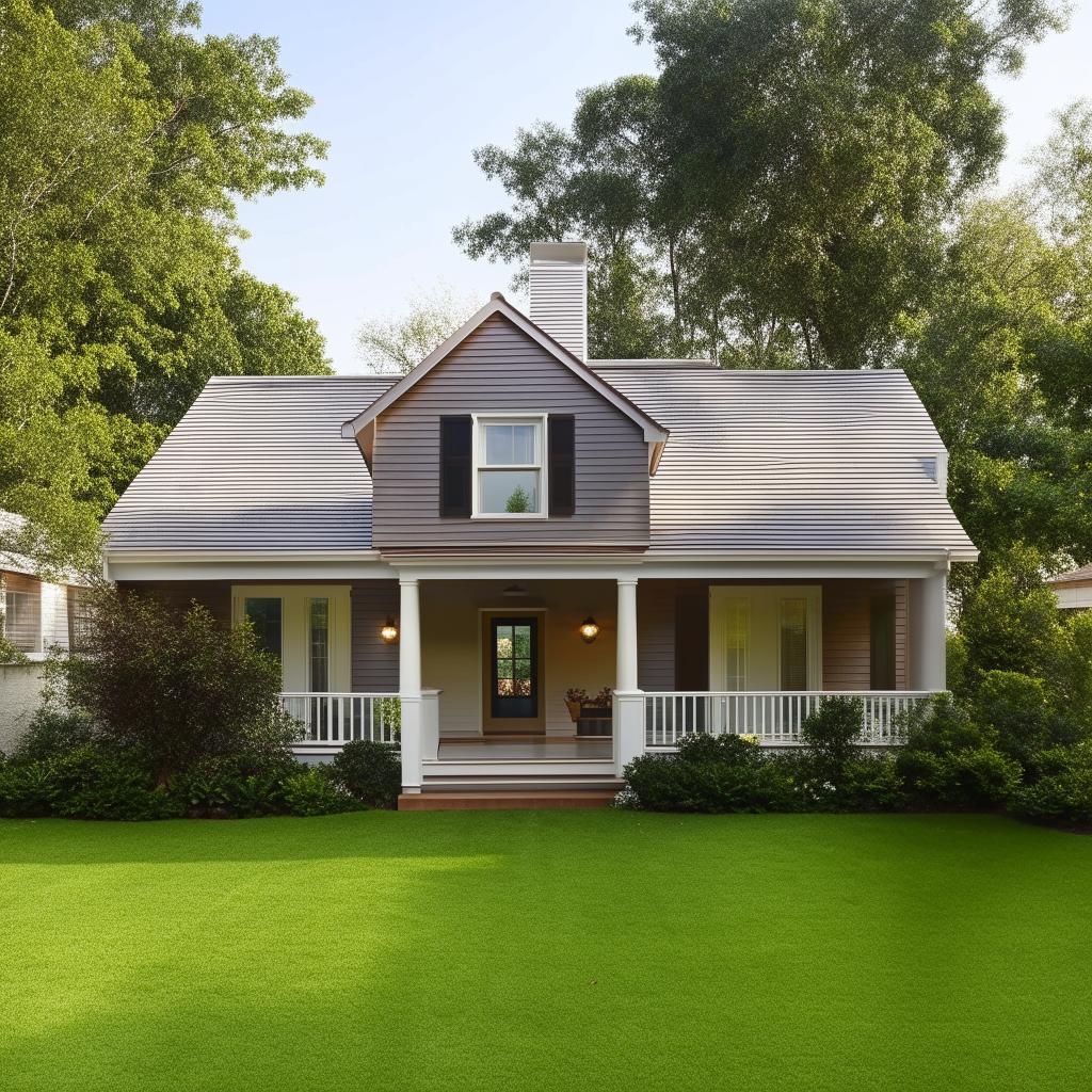 A quaint, two-bedroom house with attached bathrooms, showcasing an open kitchen design. It has a welcoming porch surrounded by a lush green lawn.