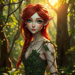 A beautiful wood elf with striking red hair, dressed in elegant, intricate forest clothing made of leaves and vines