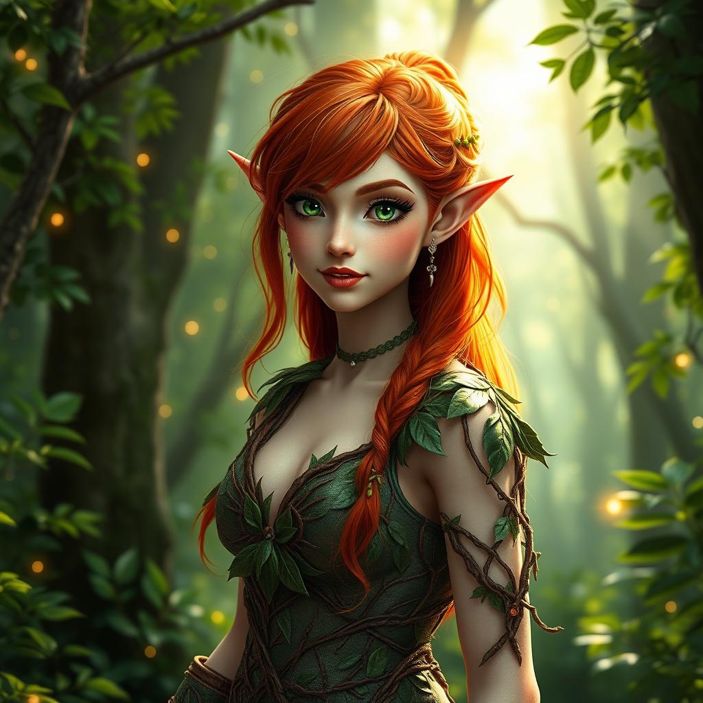 A beautiful wood elf with striking red hair, dressed in elegant, intricate forest clothing made of leaves and vines