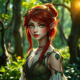 A beautiful wood elf with striking red hair, dressed in elegant, intricate forest clothing made of leaves and vines
