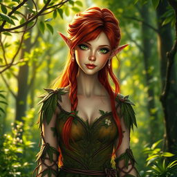 A beautiful wood elf with striking red hair, dressed in elegant, intricate forest clothing made of leaves and vines