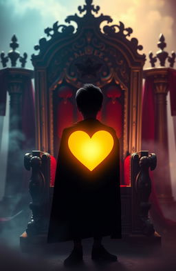 A young king's silhouette standing majestically between a grand throne and a glowing heart symbol, conveying a sense of power and emotion