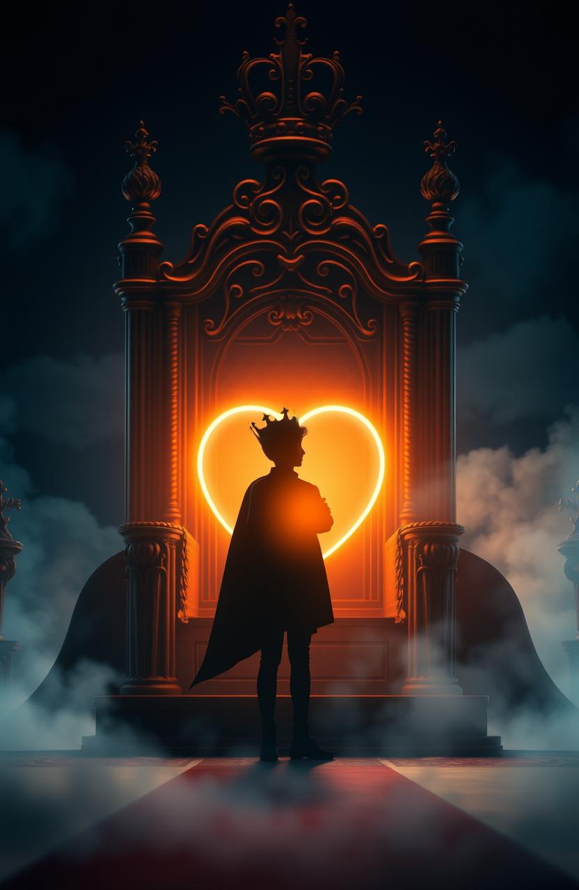A young king's silhouette standing majestically between a grand throne and a glowing heart symbol, conveying a sense of power and emotion