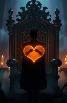 A young king's silhouette standing majestically between a grand throne and a glowing heart symbol, conveying a sense of power and emotion
