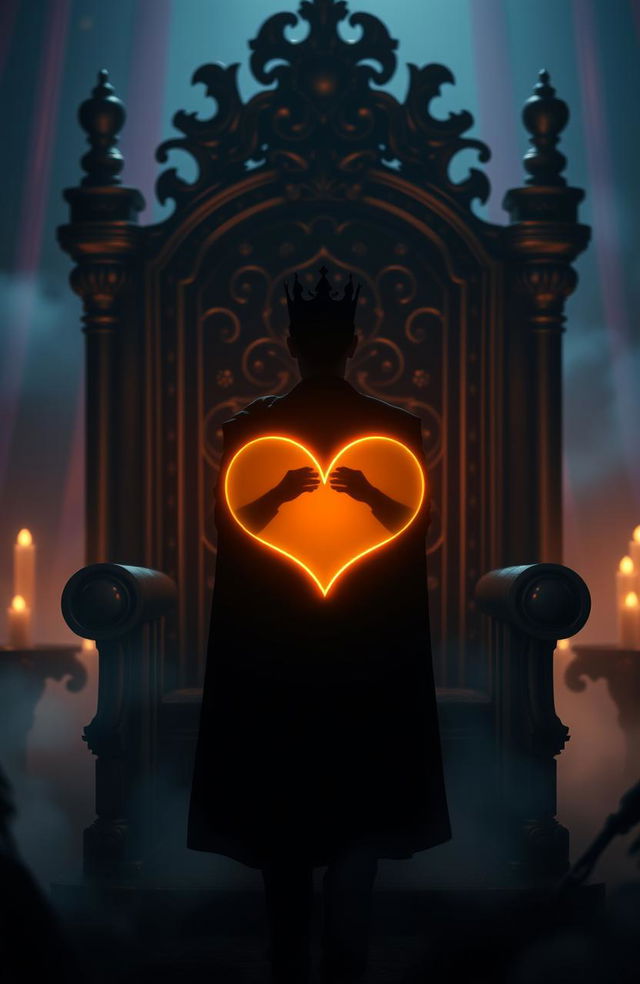 A young king's silhouette standing majestically between a grand throne and a glowing heart symbol, conveying a sense of power and emotion