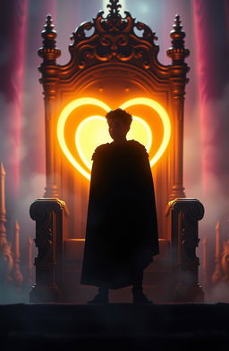 A young king's silhouette standing majestically between a grand throne and a glowing heart symbol, conveying a sense of power and emotion