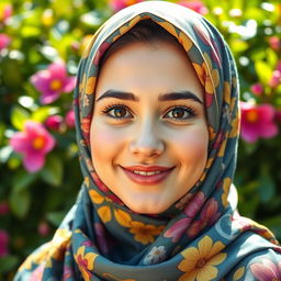 A beautiful young woman wearing a colorful hijab, her face illuminated by soft natural light