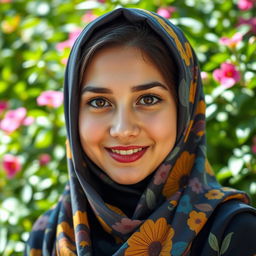A beautiful young woman wearing a colorful hijab, her face illuminated by soft natural light