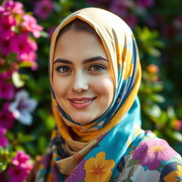 A beautiful young woman wearing a colorful hijab, her face illuminated by soft natural light