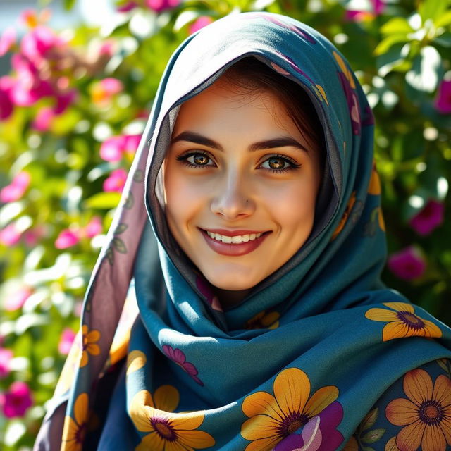 A beautiful young woman wearing a colorful hijab, her face illuminated by soft natural light