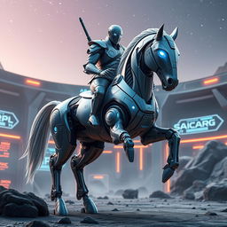 A futuristic robotic centaur named SAICARG, featuring a sleek metallic body with intricate details, glowing blue eyes, and a powerful horse-like lower half
