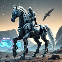 A futuristic robotic centaur named SAICARG, featuring a sleek metallic body with intricate details, glowing blue eyes, and a powerful horse-like lower half