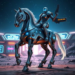A futuristic robotic centaur named SAICARG, featuring a sleek metallic body with intricate details, glowing blue eyes, and a powerful horse-like lower half