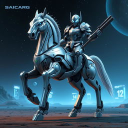 A futuristic robotic centaur named SAICARG, featuring a sleek metallic body with intricate details, glowing blue eyes, and a powerful horse-like lower half