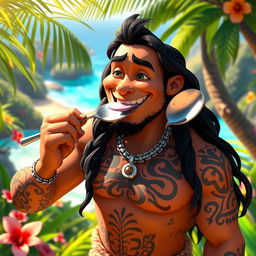 A playful scene featuring Maui, the demigod from Moana, licking a large silver spoon with a cheeky grin on his face