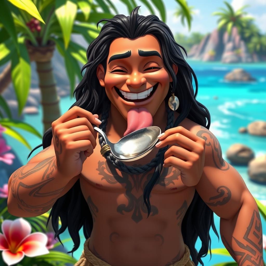 A playful scene featuring Maui, the demigod from Moana, licking a large silver spoon with a cheeky grin on his face