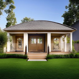 A quaint, two-bedroom house with attached bathrooms, showcasing an open kitchen design. It has a welcoming porch surrounded by a lush green lawn.