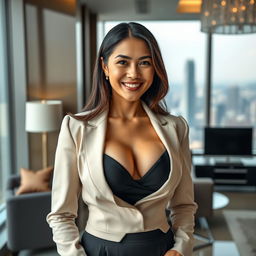 A stunningly beautiful Indonesian businesswoman with large breasts, dressed in an elegant and sophisticated business outfit