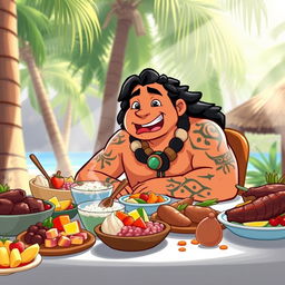 A charming illustration of Maui, the demigod from Moana, sitting at a feast of delicious Hawaiian-style food