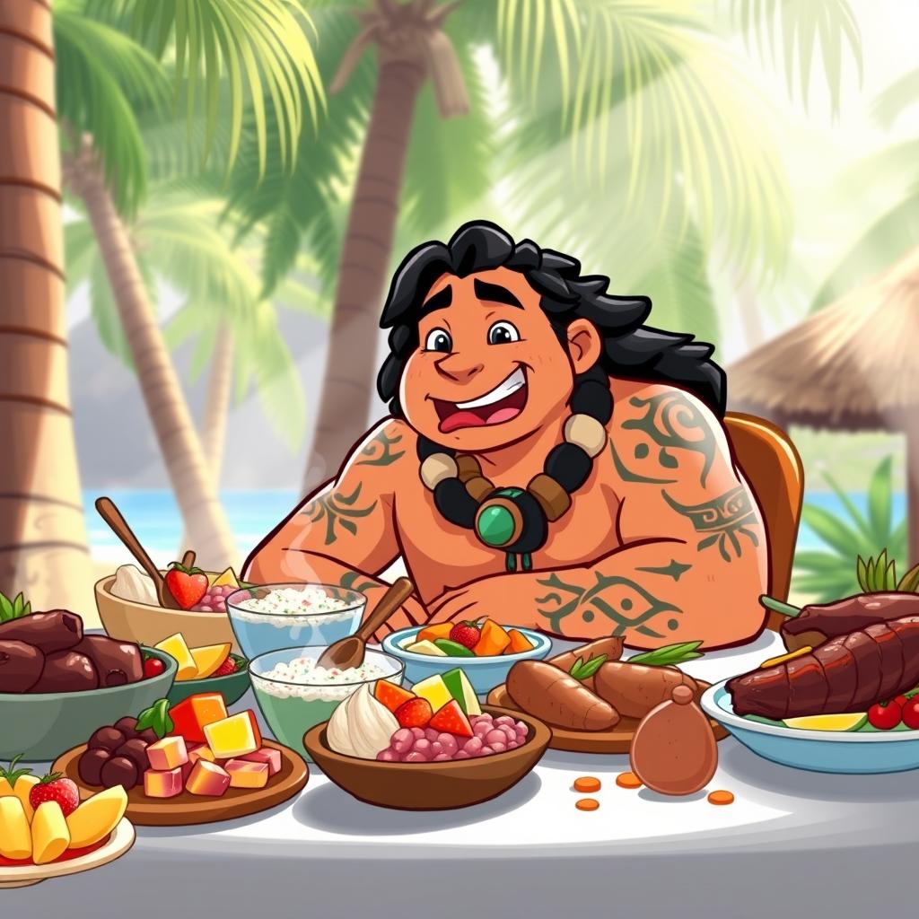 A charming illustration of Maui, the demigod from Moana, sitting at a feast of delicious Hawaiian-style food