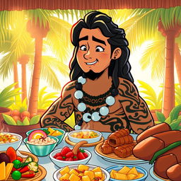 A charming illustration of Maui, the demigod from Moana, sitting at a feast of delicious Hawaiian-style food