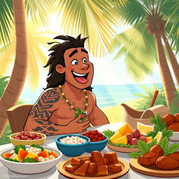 A charming illustration of Maui, the demigod from Moana, sitting at a feast of delicious Hawaiian-style food