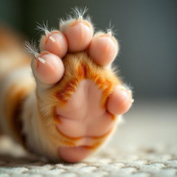 A close-up of a cat's paw, slightly more delicate and refined, showcasing a blend of traditional cat colors with hints of red