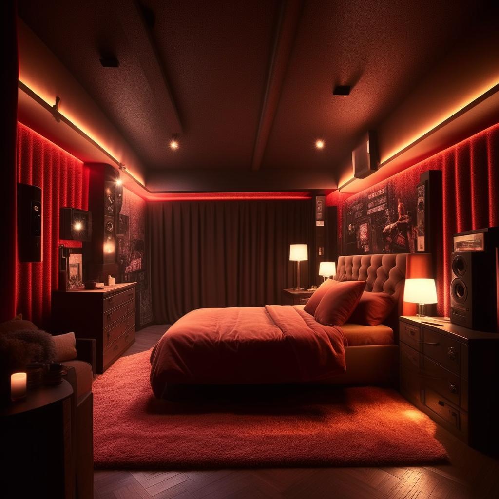 A cinematic style bedroom with dimensions of 12 feet by 9 feet. The room features mood lighting, film-related decor and an overall dramatic atmosphere