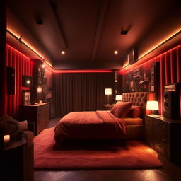 A cinematic style bedroom with dimensions of 12 feet by 9 feet. The room features mood lighting, film-related decor and an overall dramatic atmosphere