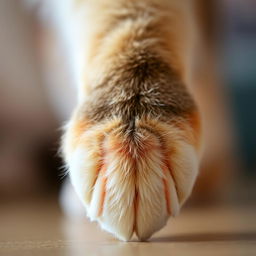 A close-up of a cat's paw, slightly more delicate and refined, showcasing a blend of traditional cat colors with hints of red