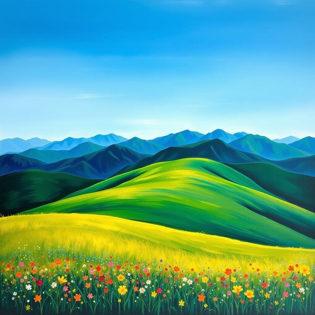 A vibrant landscape painting showcasing a lush rolling hill under a clear sky, where the bright blue of the sky is transformed into a deep, rich dark green hue