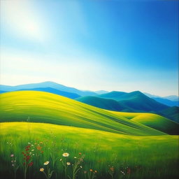 A vibrant landscape painting showcasing a lush rolling hill under a clear sky, where the bright blue of the sky is transformed into a deep, rich dark green hue