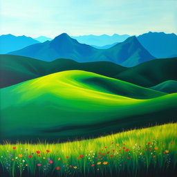 A vibrant landscape painting showcasing a lush rolling hill under a clear sky, where the bright blue of the sky is transformed into a deep, rich dark green hue