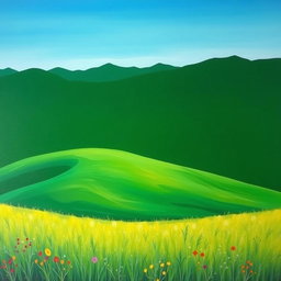 A vibrant landscape painting showcasing a lush rolling hill under a clear sky, where the bright blue of the sky is transformed into a deep, rich dark green hue
