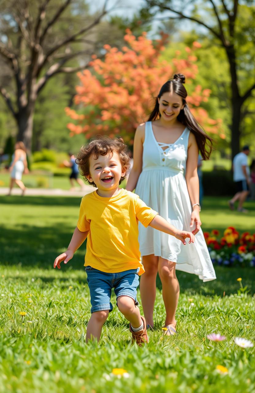 A heartwarming scene portraying a young boy joyfully playing in a sunlit park, under the watchful eye of his mother, Ana, who stands nearby with a gentle smile