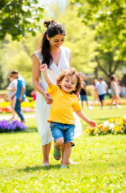 A heartwarming scene portraying a young boy joyfully playing in a sunlit park, under the watchful eye of his mother, Ana, who stands nearby with a gentle smile