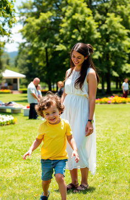 A heartwarming scene portraying a young boy joyfully playing in a sunlit park, under the watchful eye of his mother, Ana, who stands nearby with a gentle smile