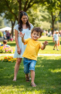 A heartwarming scene portraying a young boy joyfully playing in a sunlit park, under the watchful eye of his mother, Ana, who stands nearby with a gentle smile