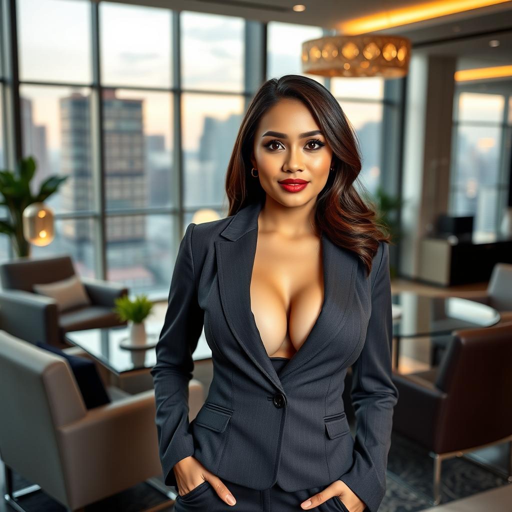 A stunningly beautiful Indonesian businesswoman with large breasts, elegantly dressed in a tailored business suit