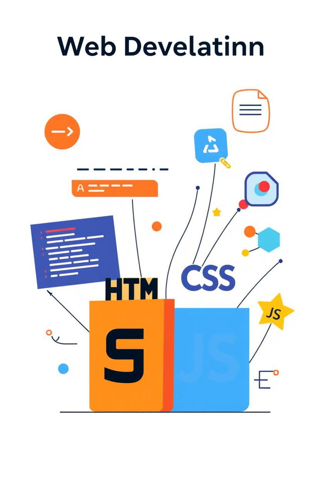 A visually appealing web development-themed illustration showcasing HTML, CSS, and JavaScript concepts