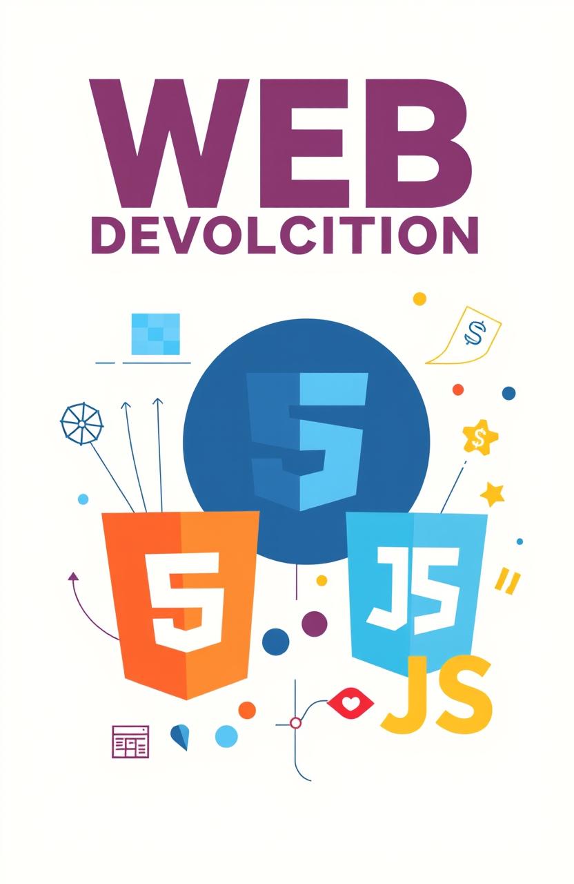 A visually appealing web development-themed illustration showcasing HTML, CSS, and JavaScript concepts
